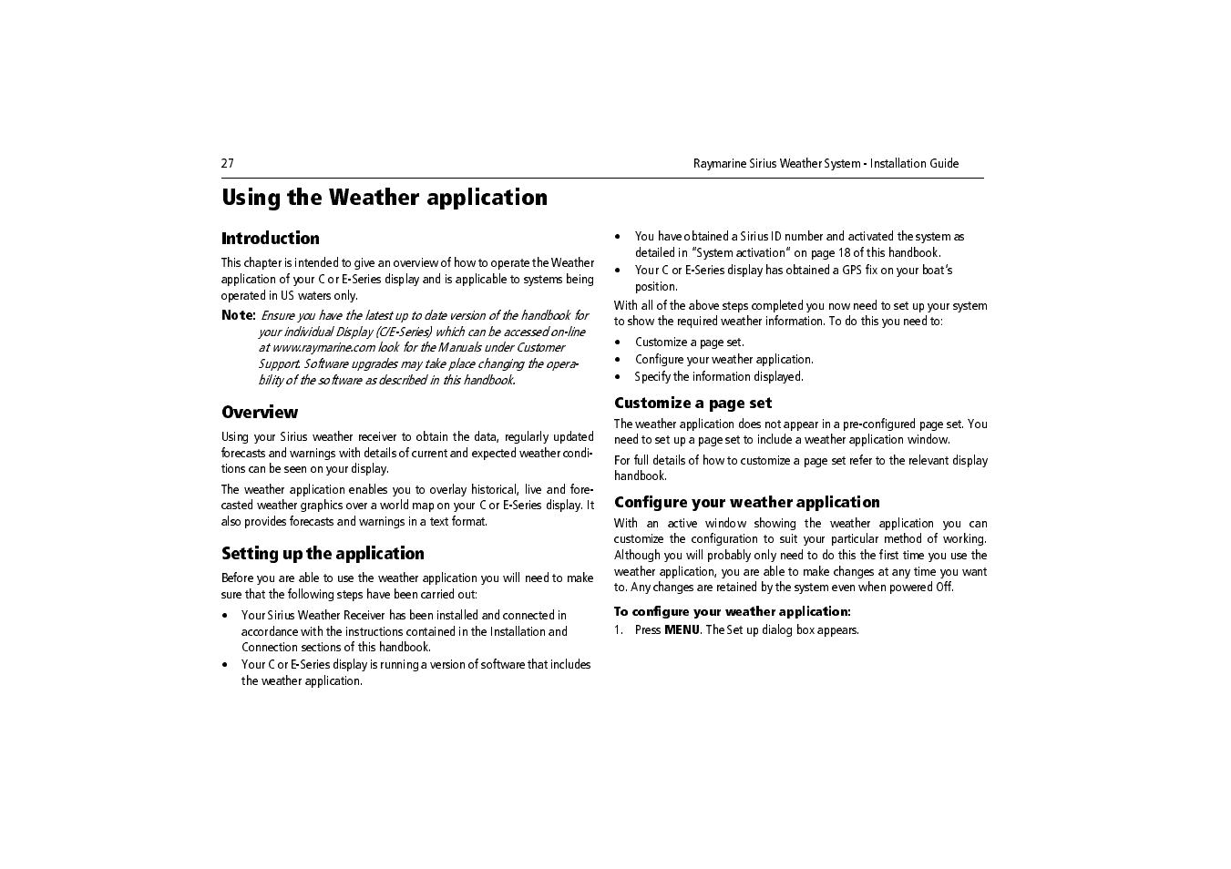 Using the weather application, Introduction, Overview | Setting up the application, To configure your weather application, Press menu. the set up dialog box appears, Customize a page set, Configure your weather application | Raymarine SR100 User Manual | Page 30 / 48