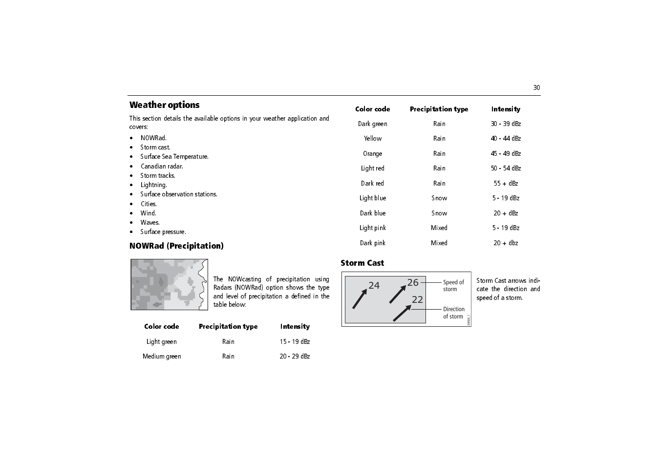 Weather options, Nowrad (precipitation), Storm cast | Raymarine SR100 User Manual | Page 33 / 48