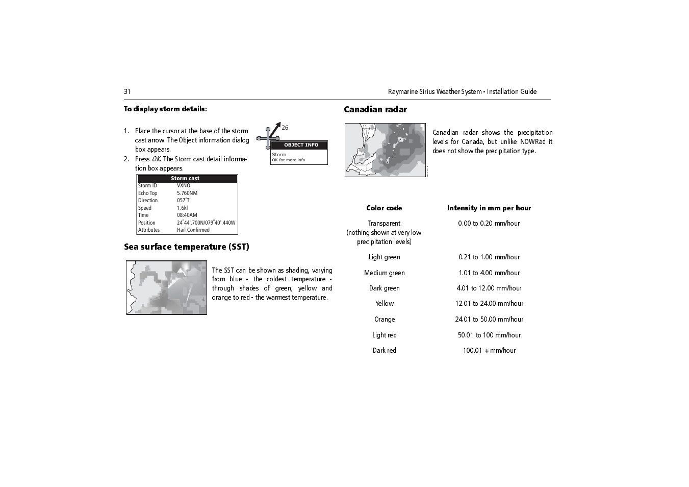 To display storm details, Sea surface temperature (sst), Canadian radar | Color code intensity in mm per hour | Raymarine SR100 User Manual | Page 34 / 48