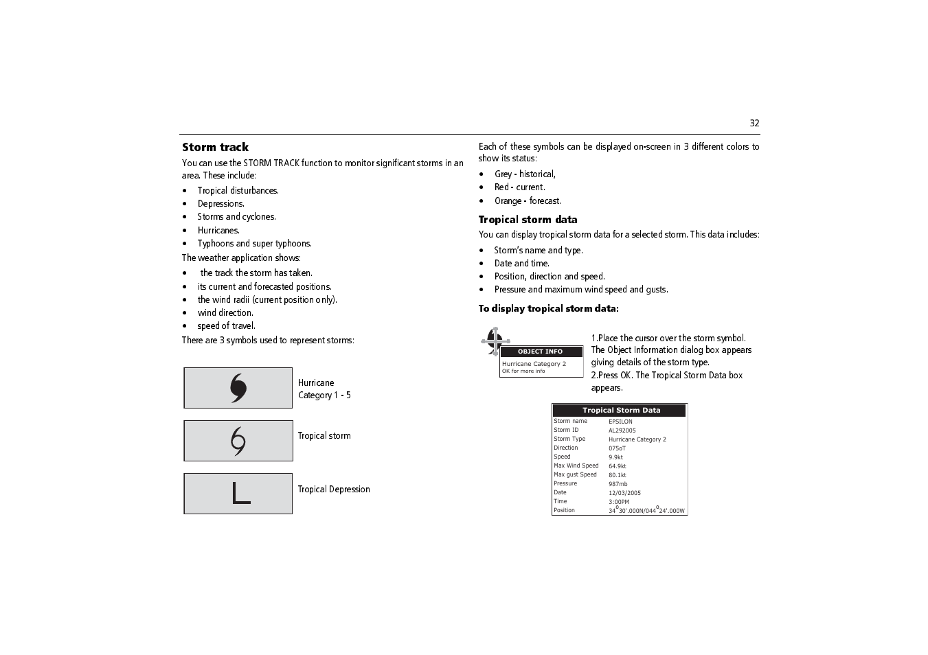 Tropical storm data, To display tropical storm data, Press ok. the tropical storm data box appears | Storm track | Raymarine SR100 User Manual | Page 35 / 48