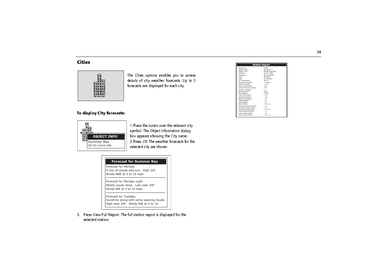 To display city forecasts, Cities | Raymarine SR100 User Manual | Page 37 / 48