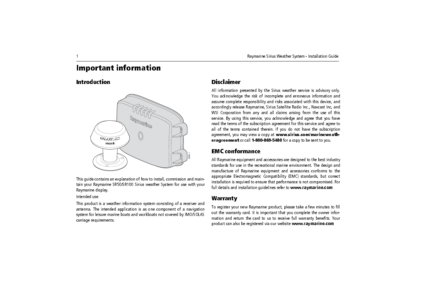 Important information, Introduction, Disclaimer | Emc conformance, Warranty | Raymarine SR100 User Manual | Page 4 / 48