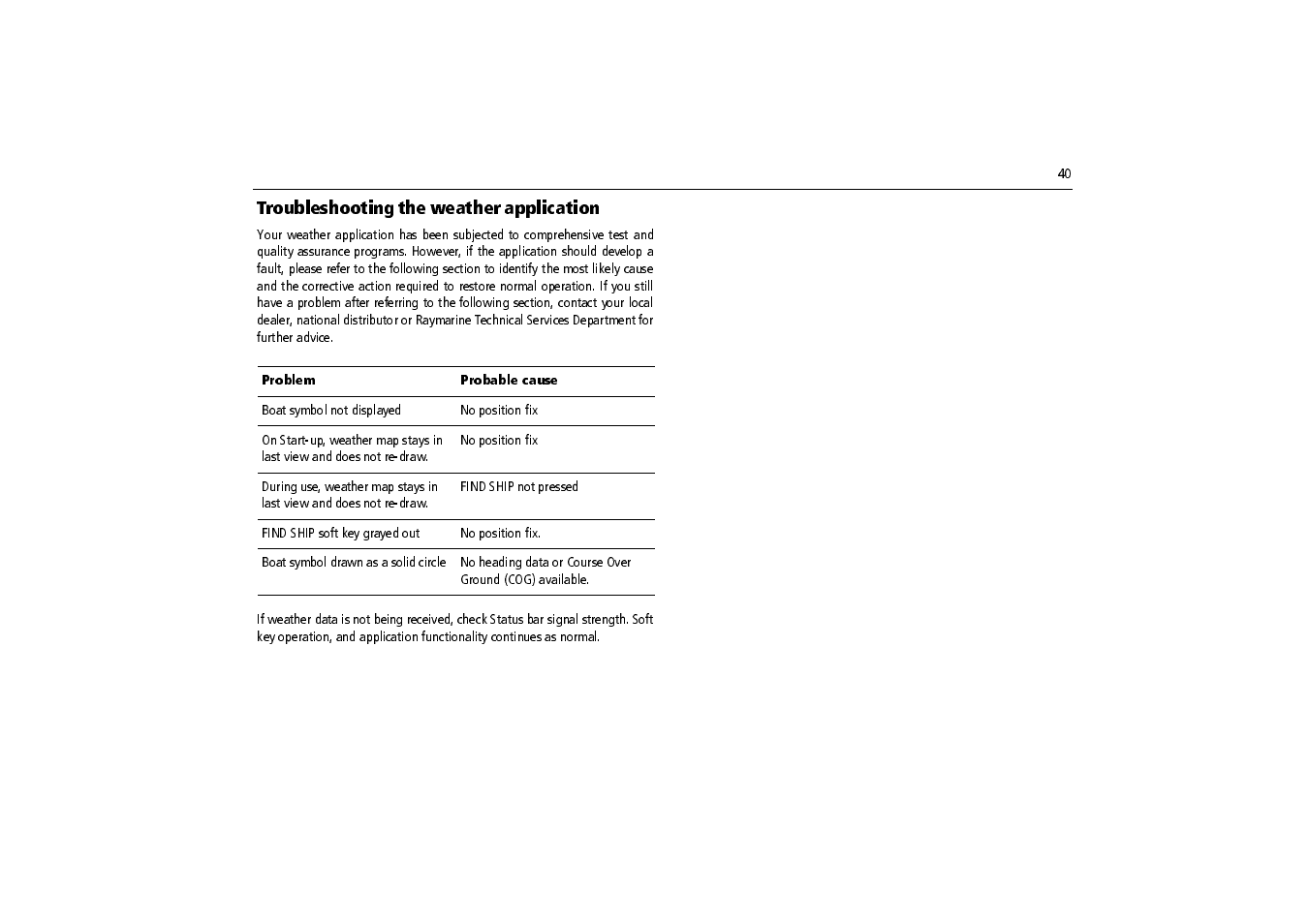 Troubleshooting the weather application | Raymarine SR100 User Manual | Page 43 / 48