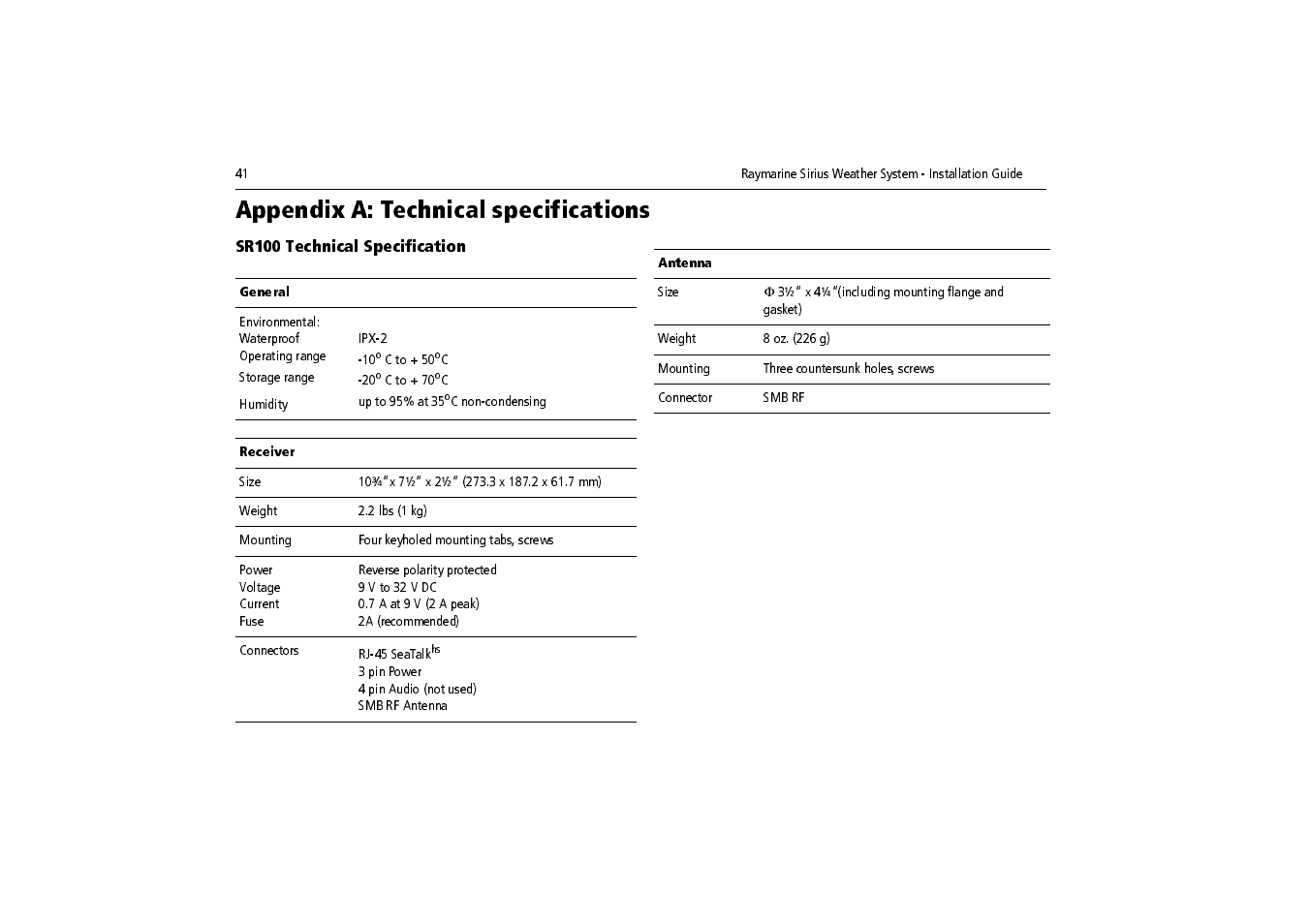 Appendix a: technical specifications | Raymarine SR100 User Manual | Page 44 / 48