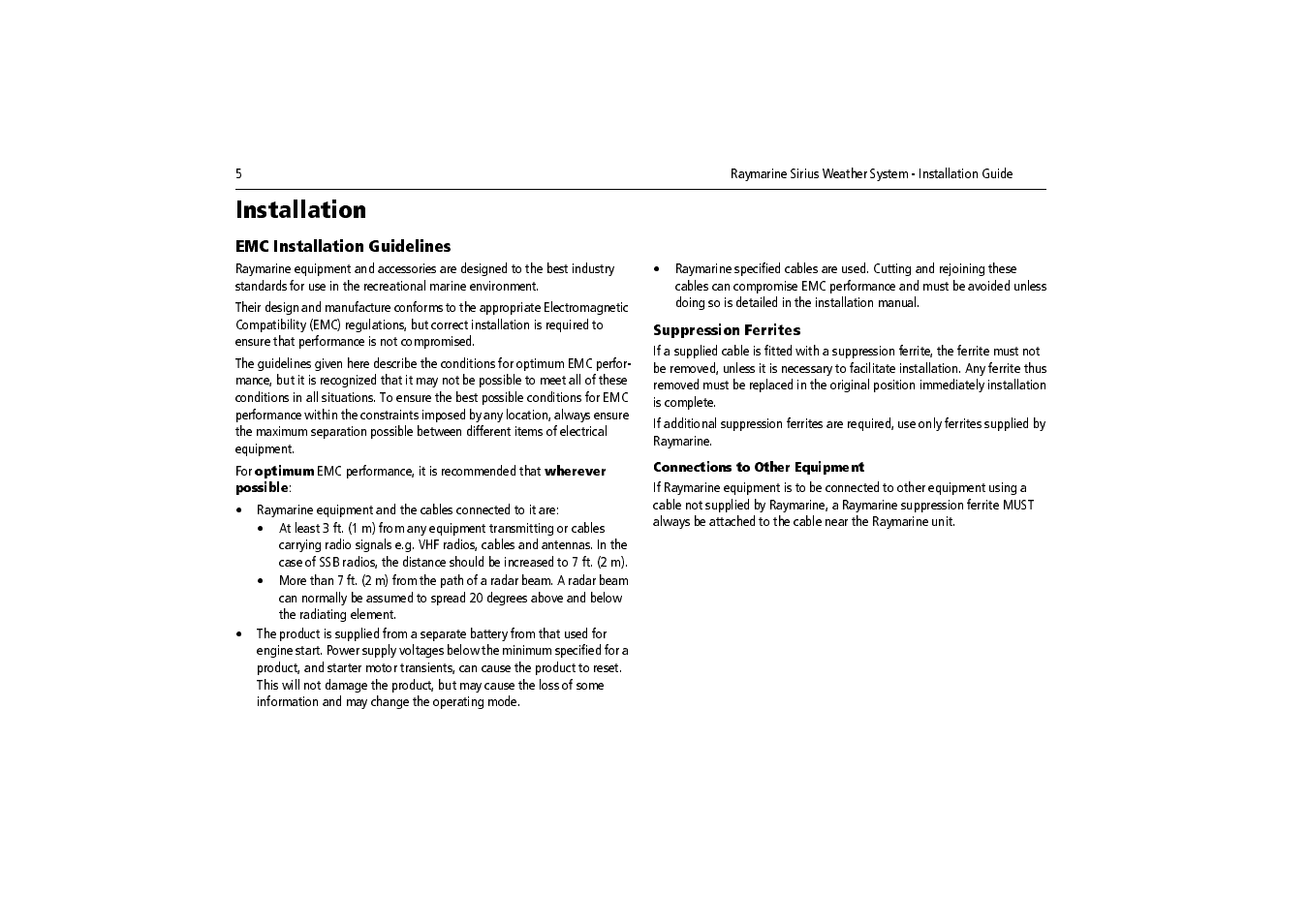 Installation, Suppression ferrites, Connections to other equipment | Raymarine SR100 User Manual | Page 8 / 48