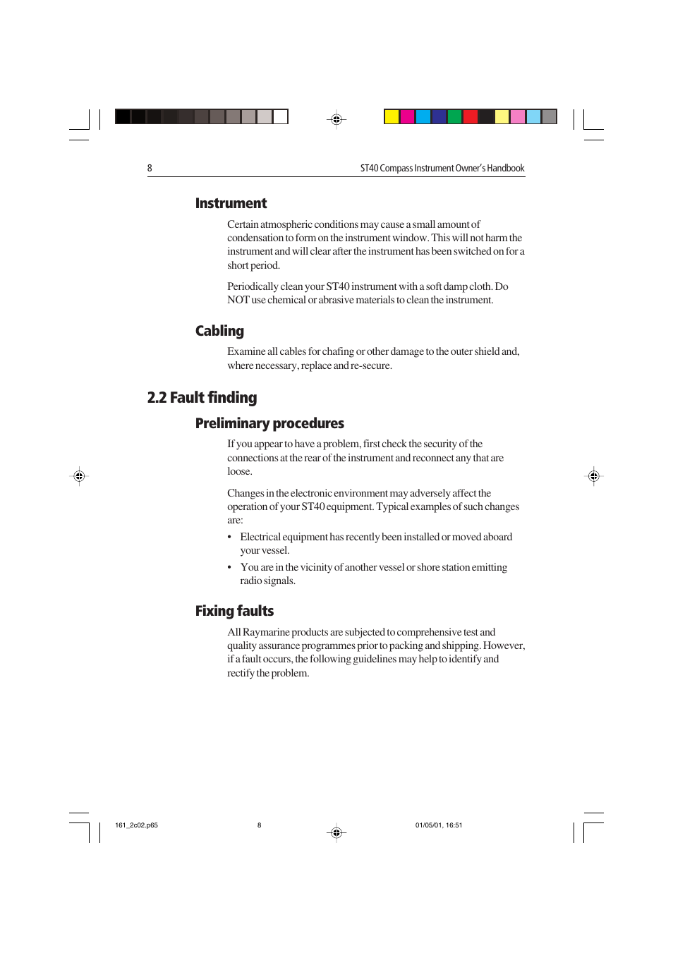 2 fault finding, Instrument, Cabling | Preliminary procedures, Fixing faults | Raymarine Compass Instrument ST40 User Manual | Page 17 / 45