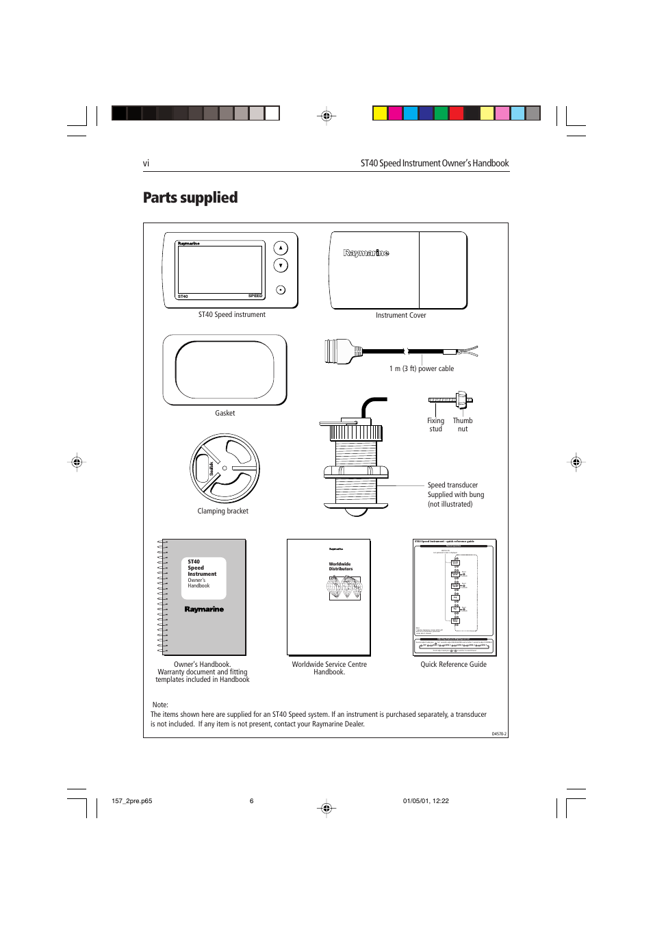Parts supplied, Vi st40 speed instrument owner’s handbook, Quick reference guide | Raymarine ST40 User Manual | Page 9 / 43
