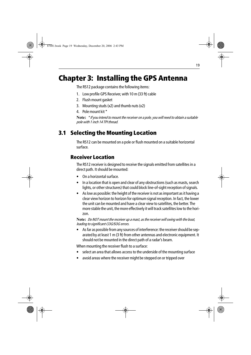 Chapter 3: installing the gps antenna, 1 selecting the mounting location, Receiver location | Raymarine A60 User Manual | Page 19 / 50