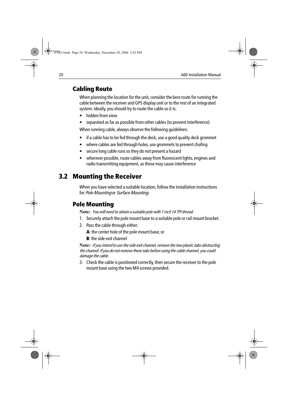 2 mounting the receiver, Cabling route, Pole mounting | Raymarine A60 User Manual | Page 20 / 50