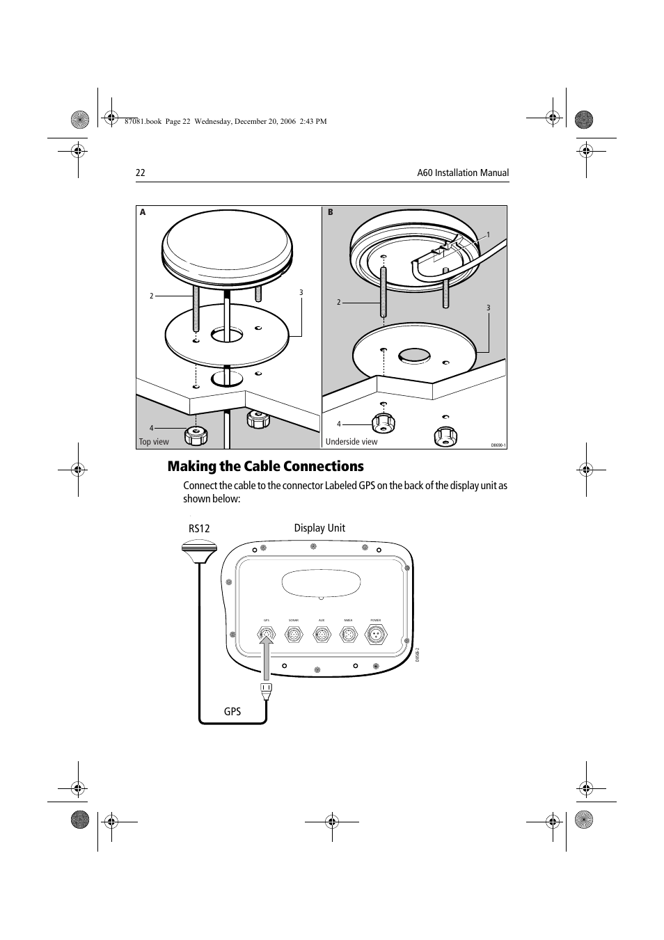 Making the cable connections, Rs12 display unit gps | Raymarine A60 User Manual | Page 22 / 50