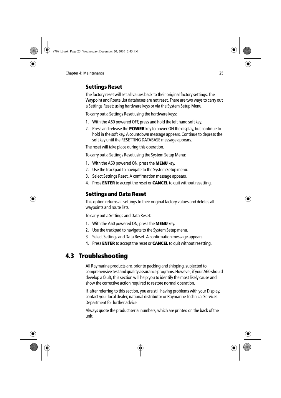 3 troubleshooting, Settings reset, Settings and data reset | Raymarine A60 User Manual | Page 25 / 50