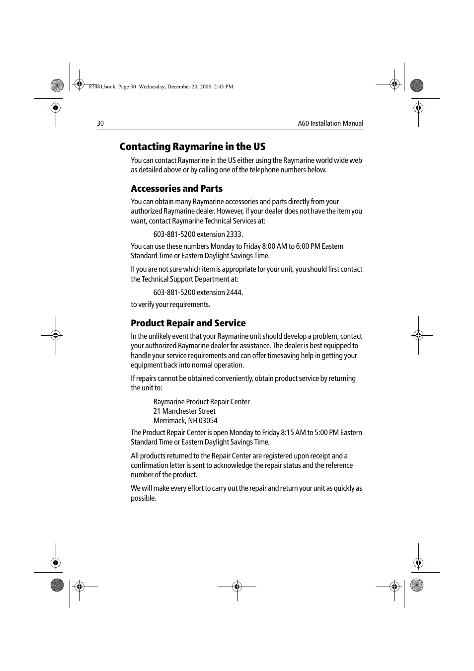 Contacting raymarine in the us, Accessories and parts, Product repair and service | Raymarine A60 User Manual | Page 30 / 50