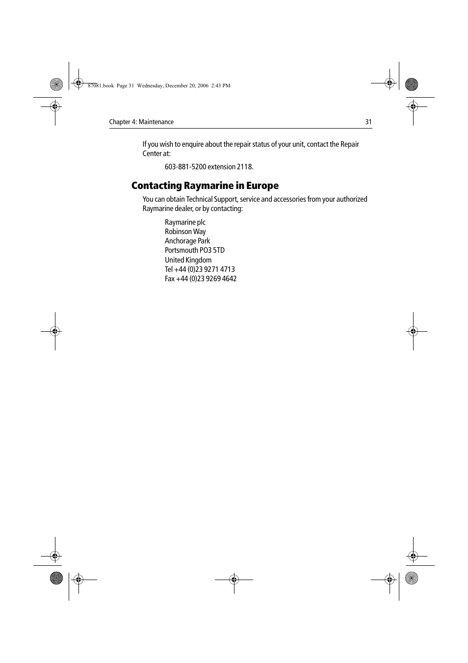 Contacting raymarine in europe | Raymarine A60 User Manual | Page 31 / 50