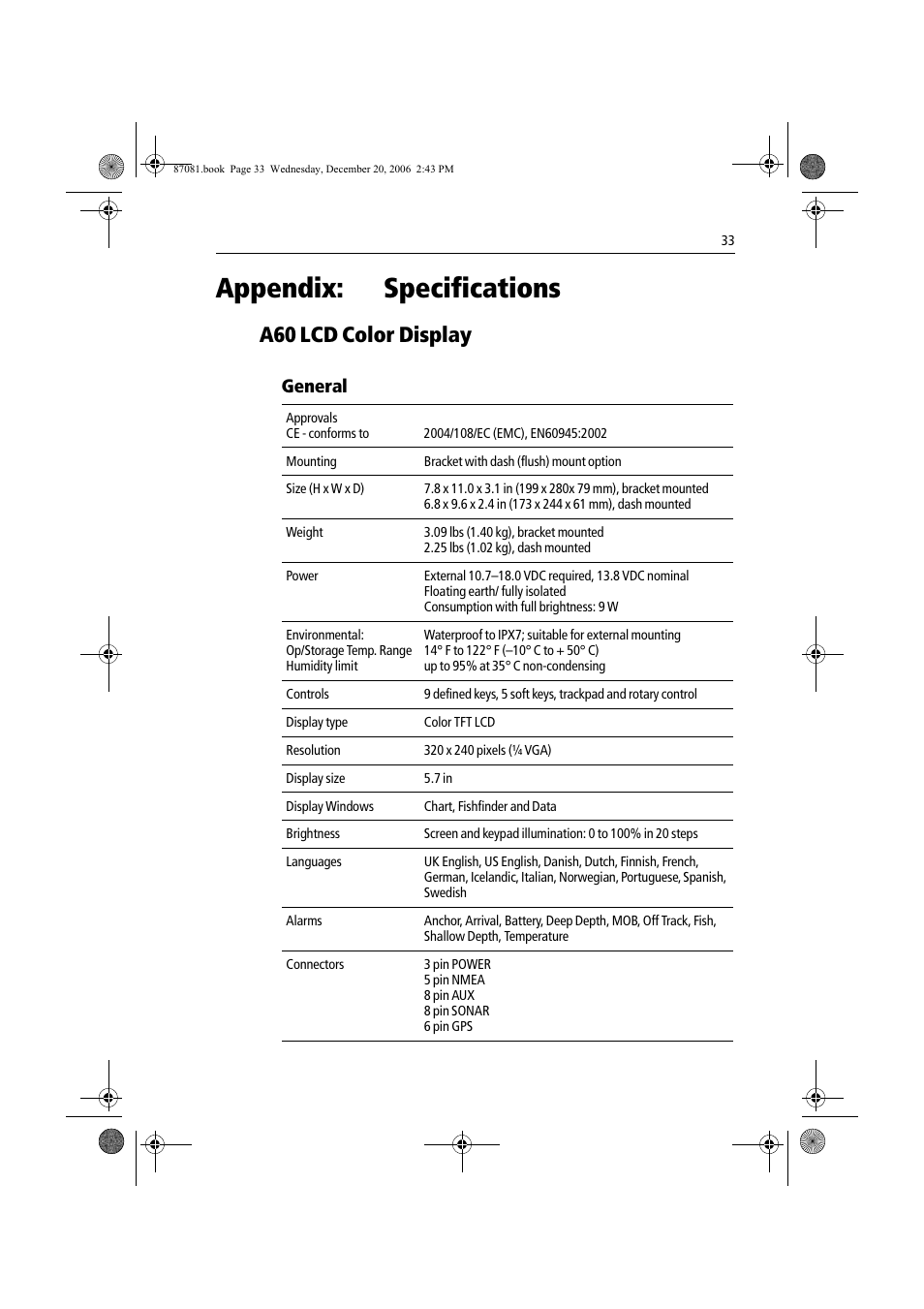 Appendix: specifications, A60 lcd color display, General | Raymarine A60 User Manual | Page 33 / 50