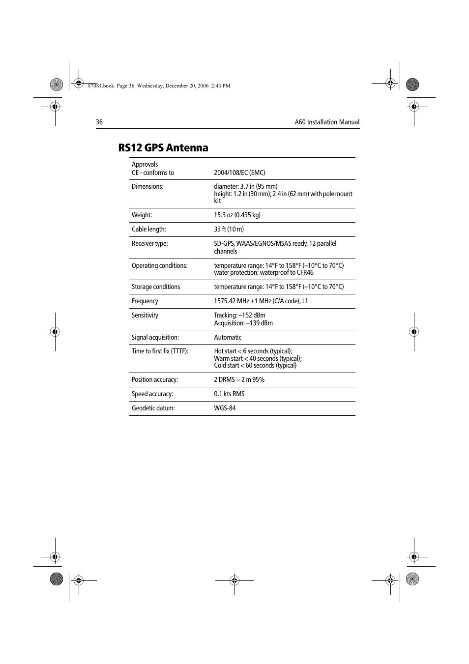 Rs12 gps antenna | Raymarine A60 User Manual | Page 36 / 50