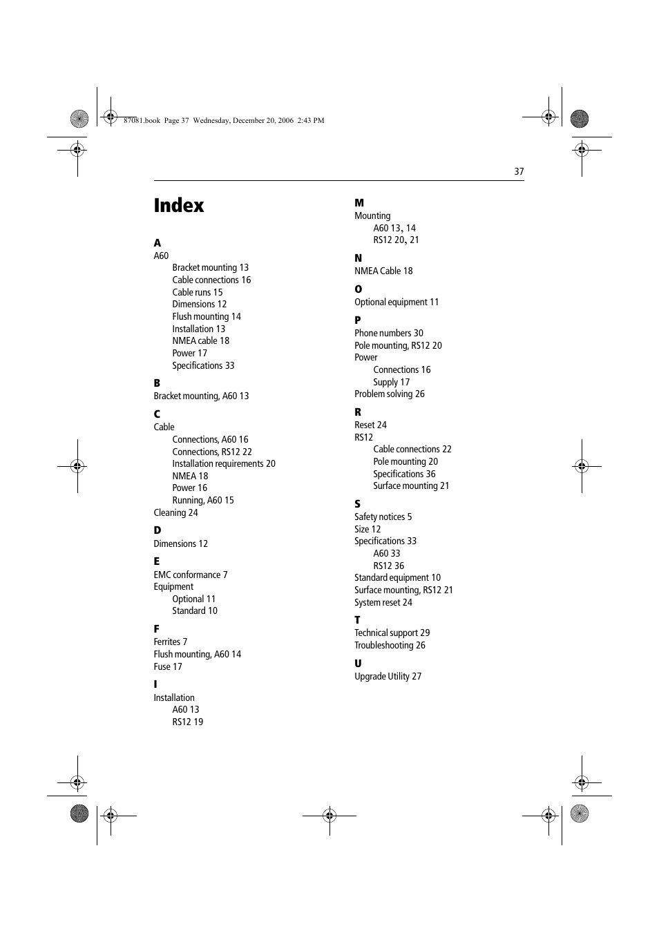 Index | Raymarine A60 User Manual | Page 37 / 50