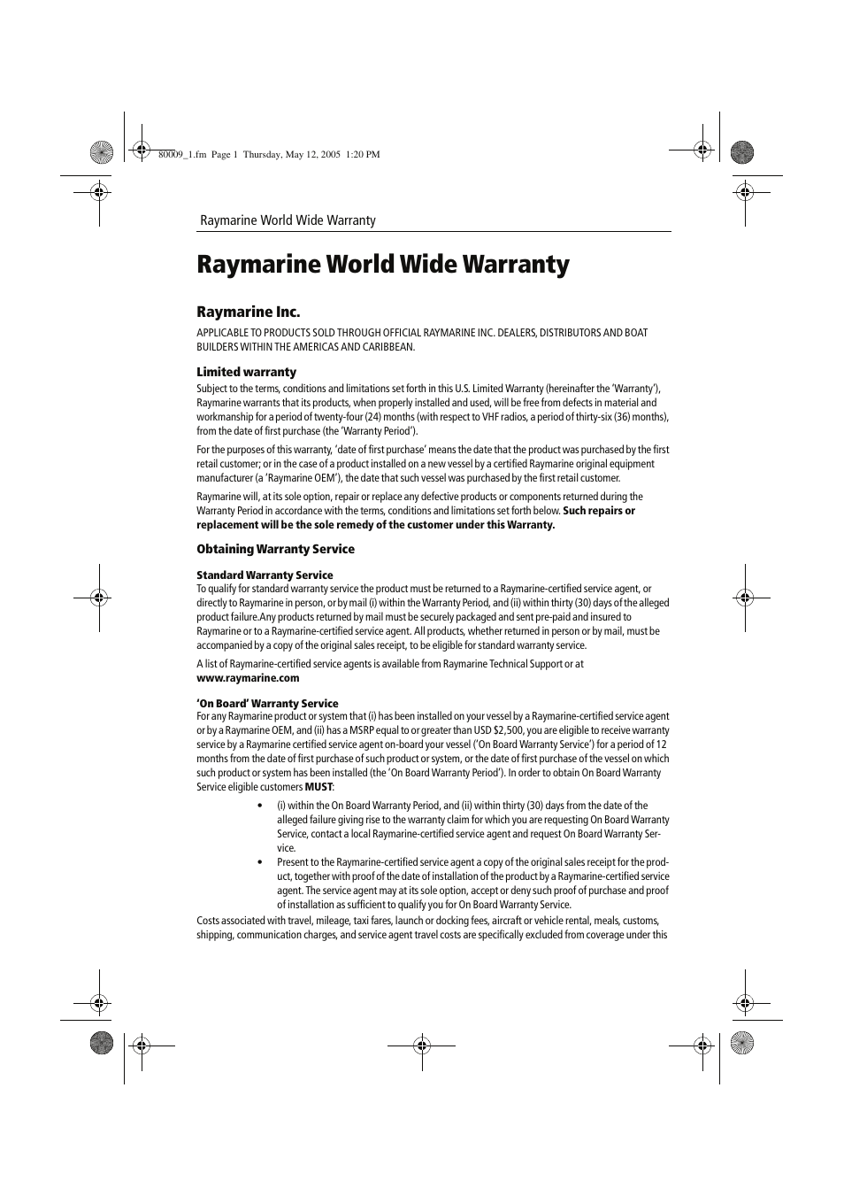 Raymarine world wide warranty, Raymarine inc | Raymarine A60 User Manual | Page 41 / 50