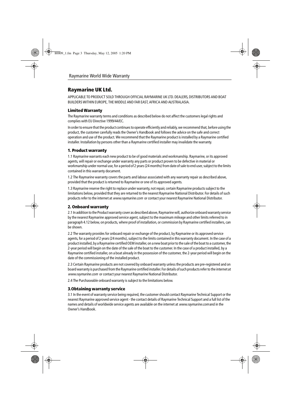 Raymarine uk ltd | Raymarine A60 User Manual | Page 43 / 50