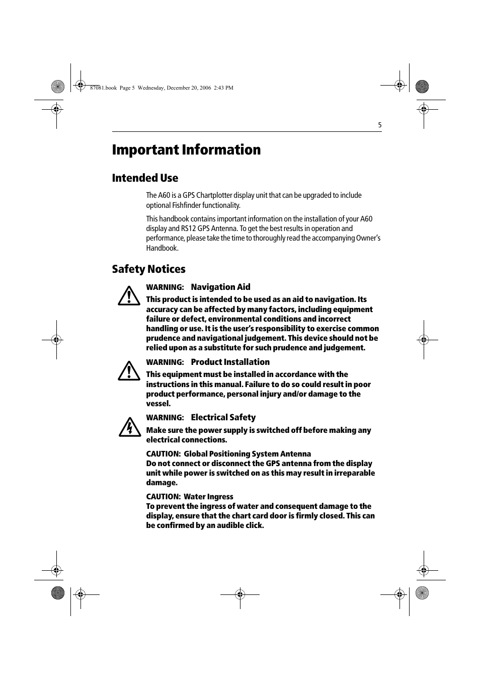 Important information, Intended use, Safety notices | Raymarine A60 User Manual | Page 5 / 50