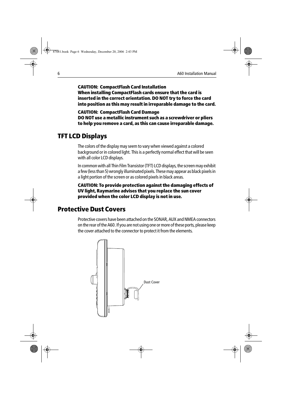 Tft lcd displays, Protective dust covers | Raymarine A60 User Manual | Page 6 / 50