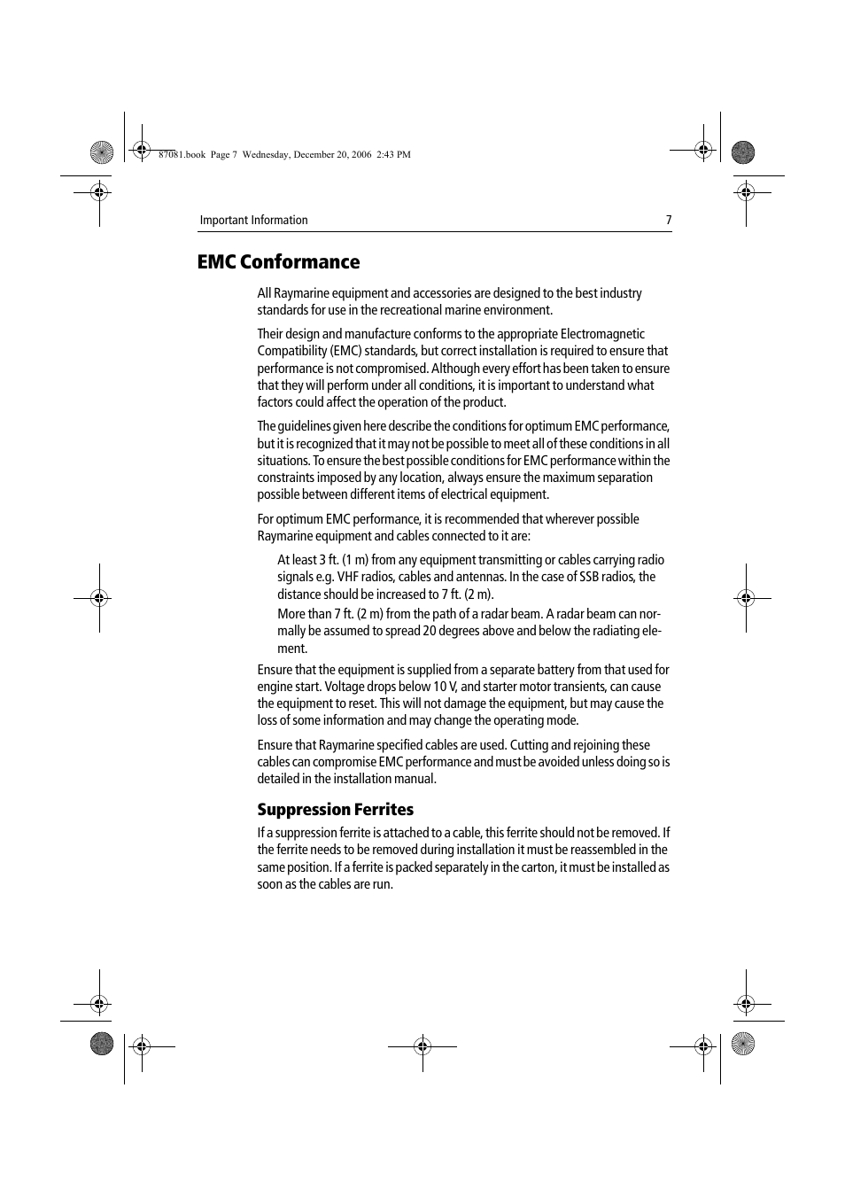 Emc conformance, Suppression ferrites | Raymarine A60 User Manual | Page 7 / 50