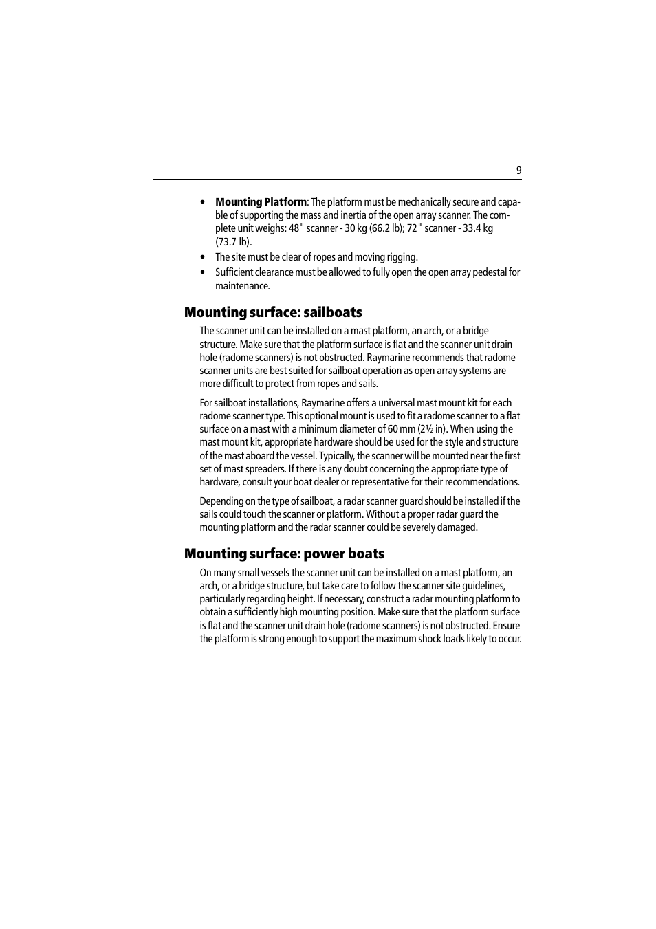 Mounting surface: sailboats, Mounting surface: power boats | Raymarine Pathfinder Radar Scanner User Manual | Page 37 / 90