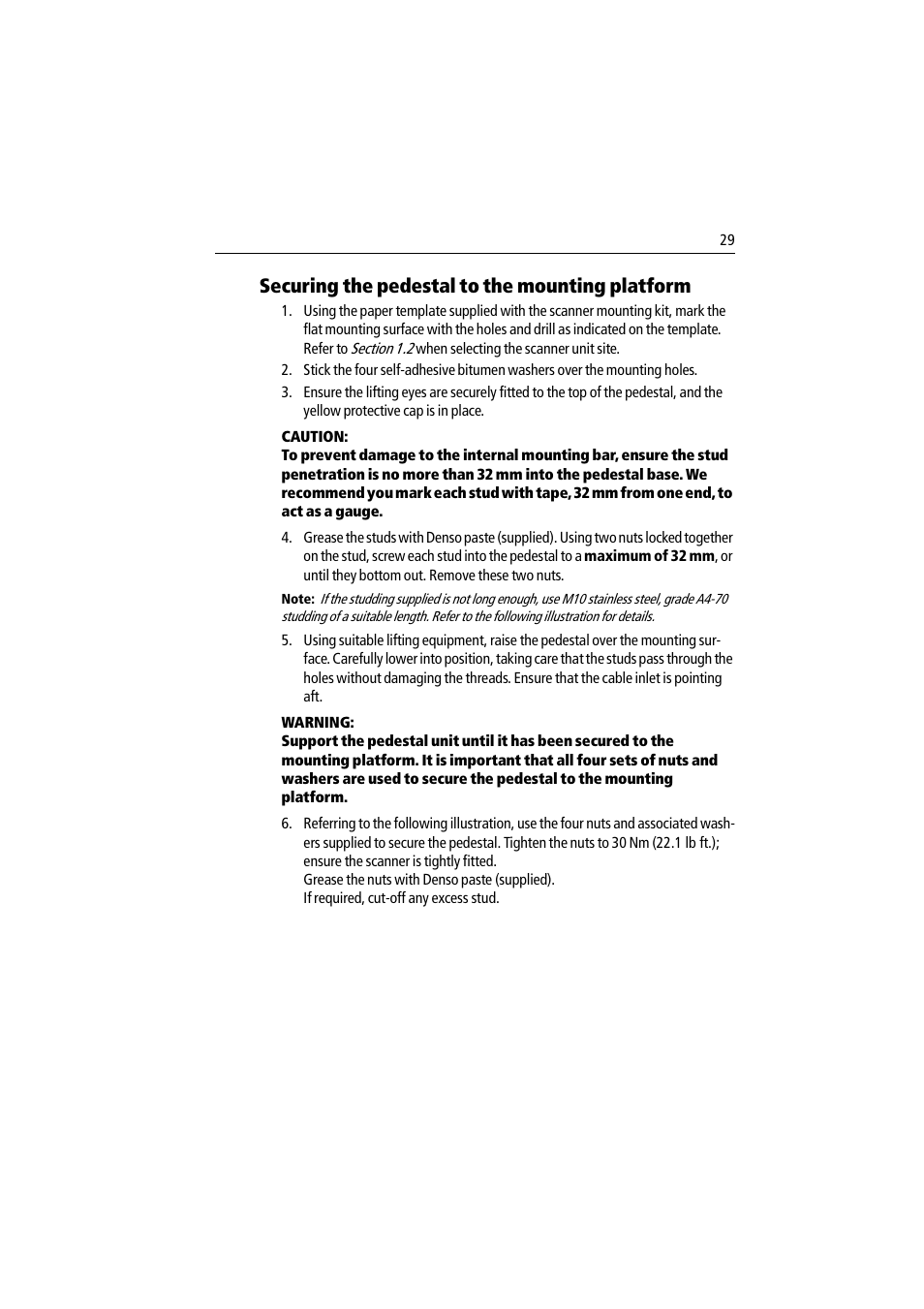 Securing the pedestal to the mounting platform | Raymarine Pathfinder Radar Scanner User Manual | Page 57 / 90