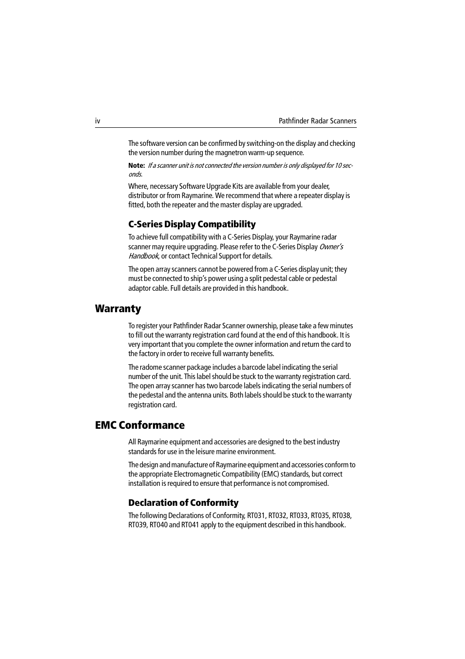 Warranty, Emc conformance | Raymarine Pathfinder Radar Scanner User Manual | Page 6 / 90