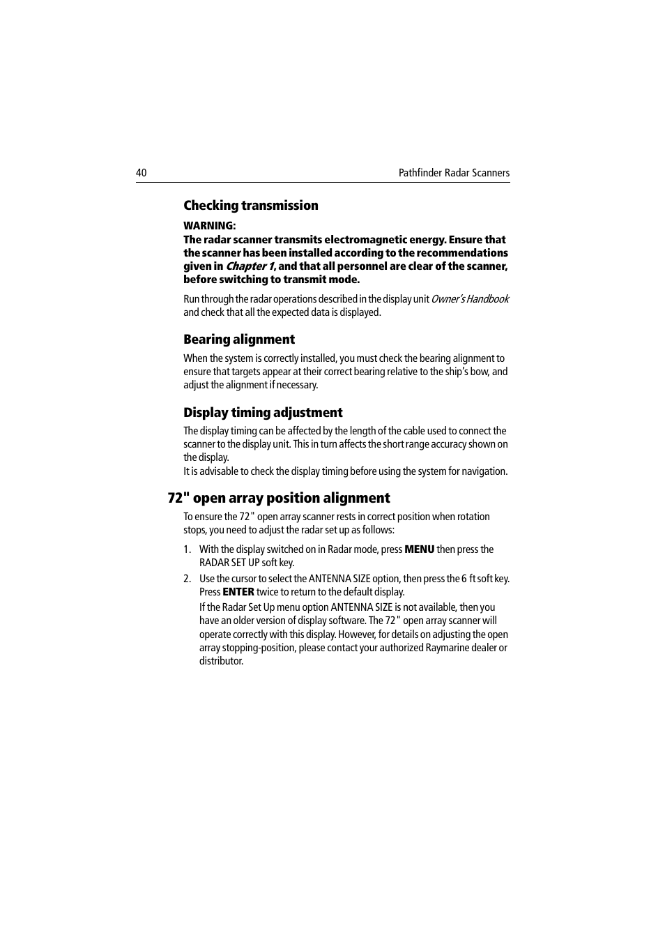72" open array position alignment | Raymarine Pathfinder Radar Scanner User Manual | Page 68 / 90