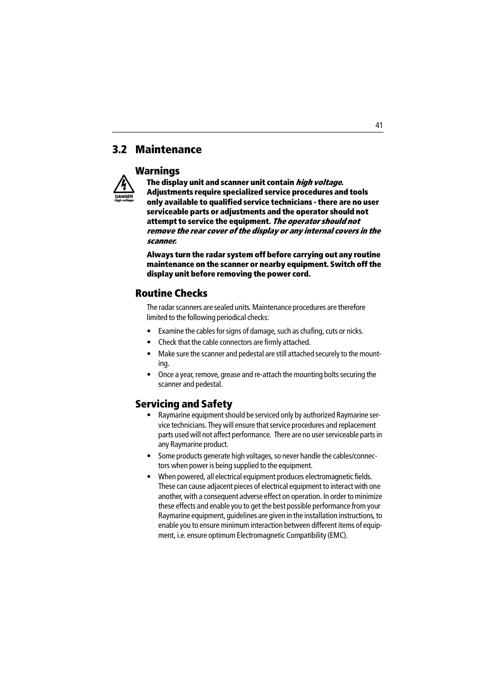 2 maintenance, Warnings, Routine checks | Servicing and safety | Raymarine Pathfinder Radar Scanner User Manual | Page 69 / 90