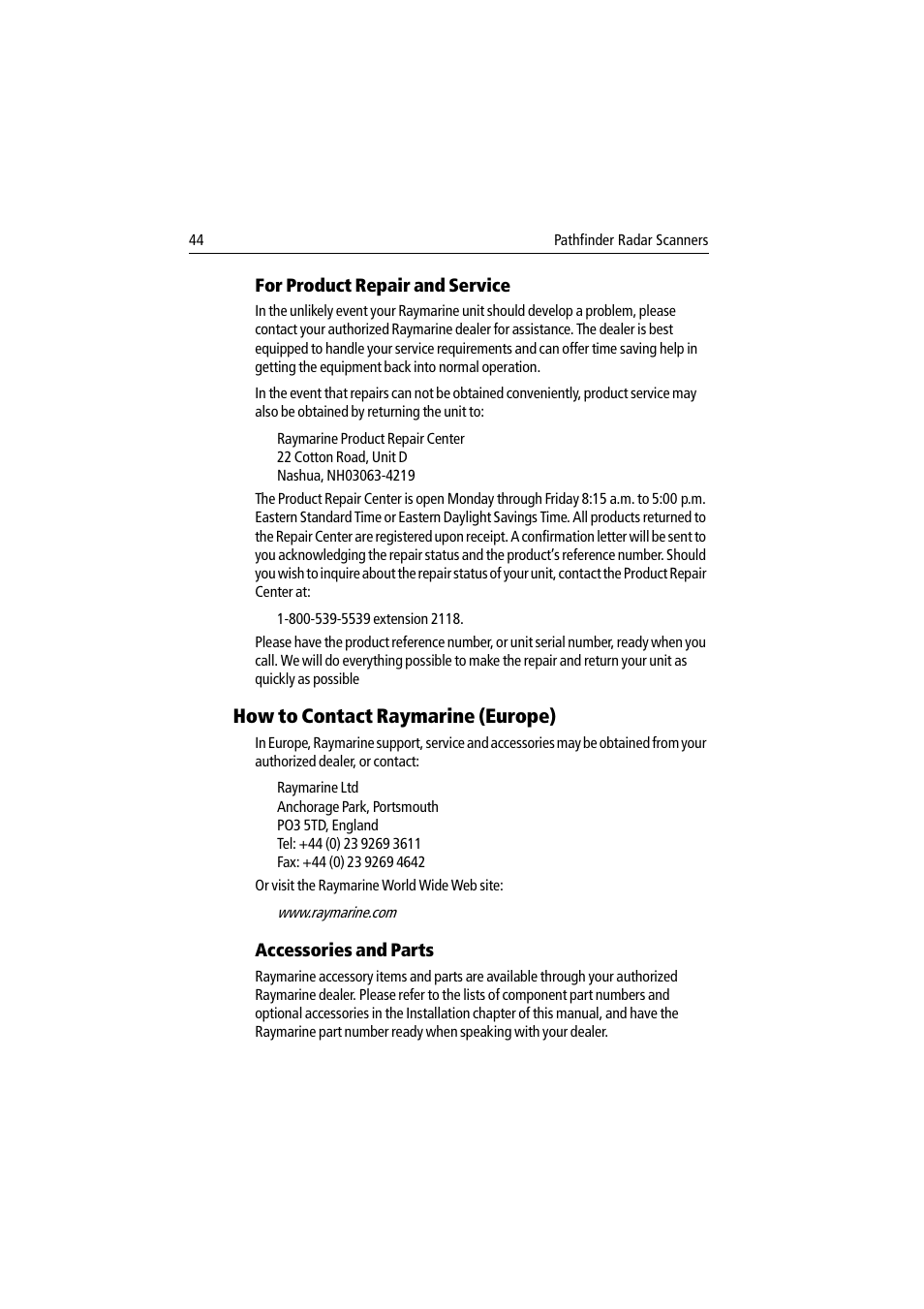 How to contact raymarine (europe) | Raymarine Pathfinder Radar Scanner User Manual | Page 72 / 90