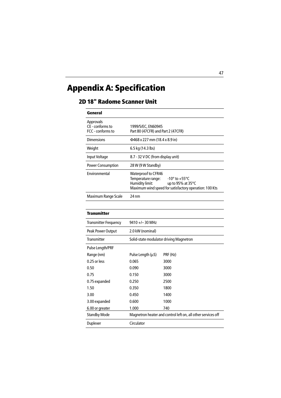 Appendix a: specification, 2d 18" radome scanner unit | Raymarine Pathfinder Radar Scanner User Manual | Page 75 / 90