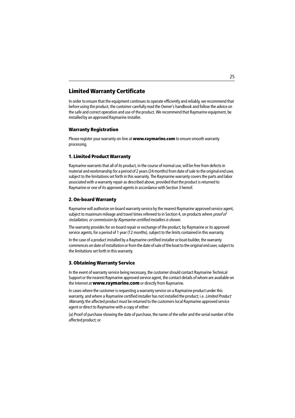 Limited warranty certificate | Raymarine Pathfinder Radar Scanner User Manual | Page 87 / 90