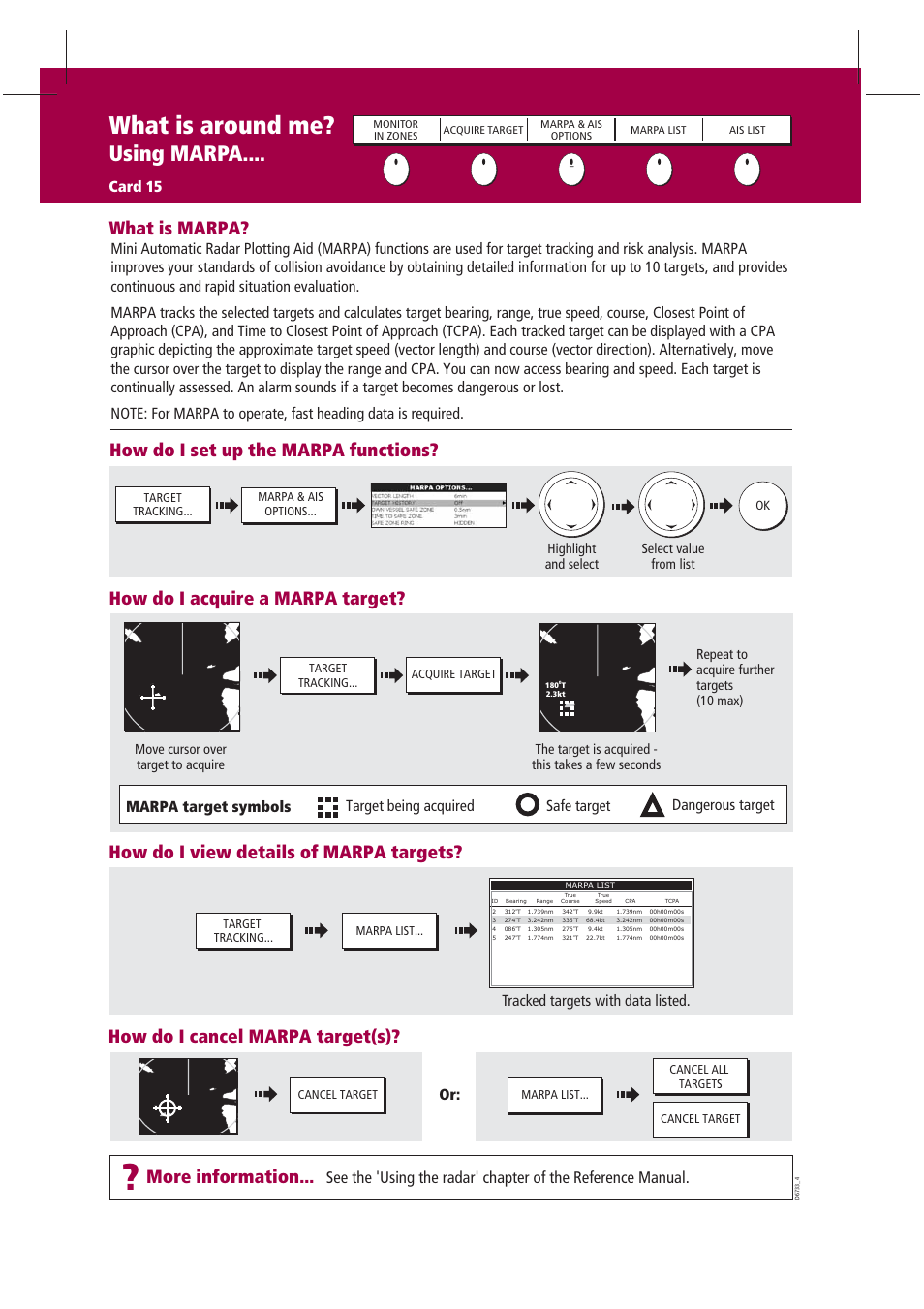 What is around me, Using marpa, How do i view details of marpa targets | How do i cancel marpa target(s), How do i acquire a marpa target, How do i set up the marpa functions, What is marpa, More information, Tracked targets with data listed, Card 15 | Raymarine Marine RADAR User Manual | Page 16 / 26