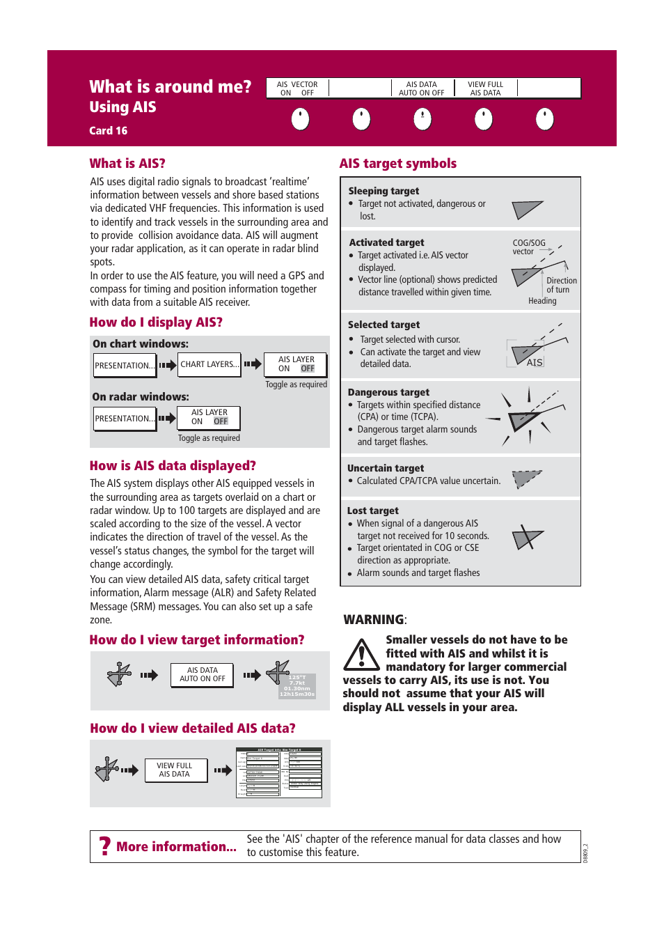 What is around me, Using ais, What is ais | How is ais data displayed, Ais target symbols, Warning, More information... how do i display ais, On chart windows: on radar windows | Raymarine Marine RADAR User Manual | Page 17 / 26