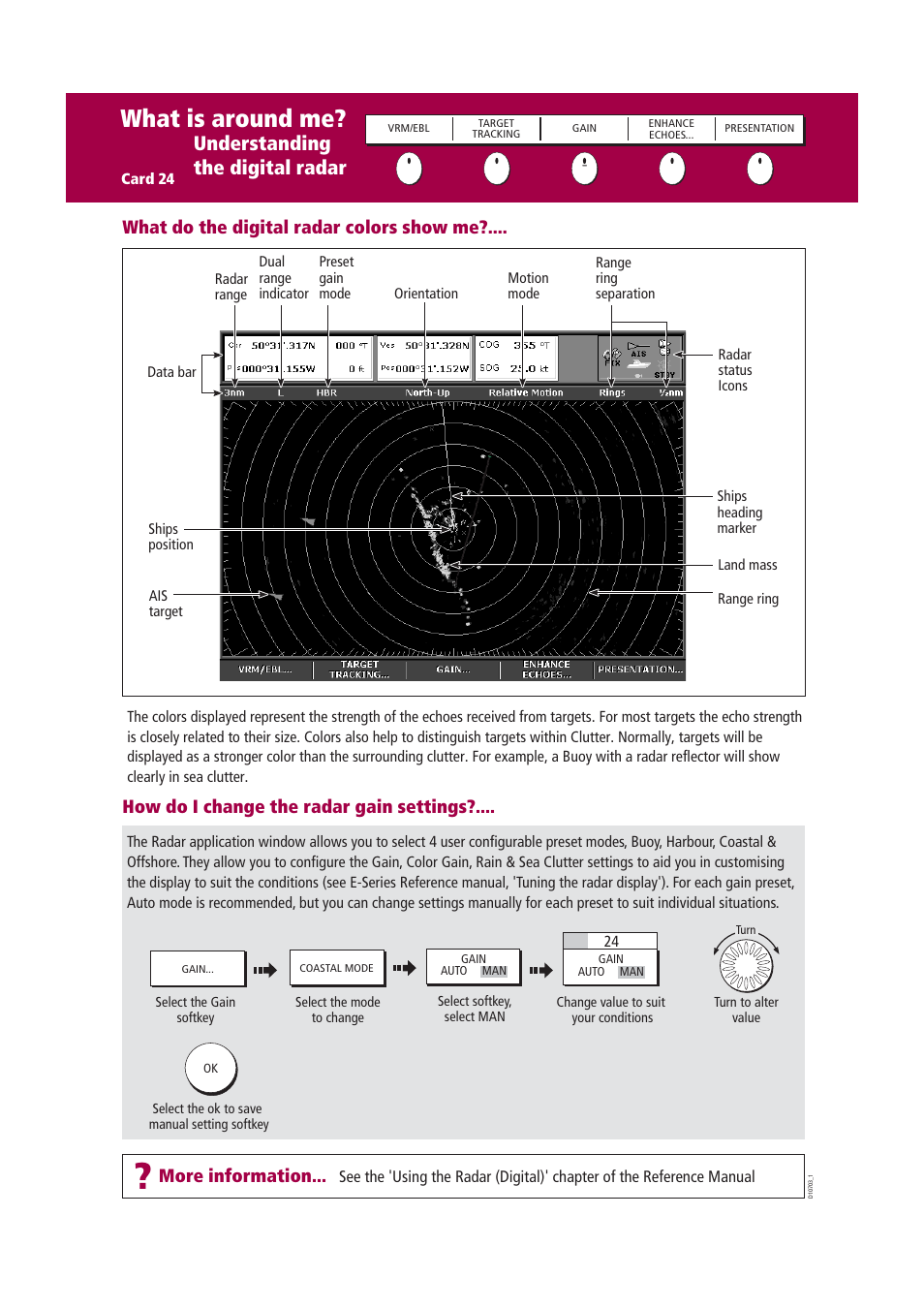 What is around me, Understanding the digital radar, What do the digital radar colors show me | How do i change the radar gain settings, More information | Raymarine Marine RADAR User Manual | Page 25 / 26