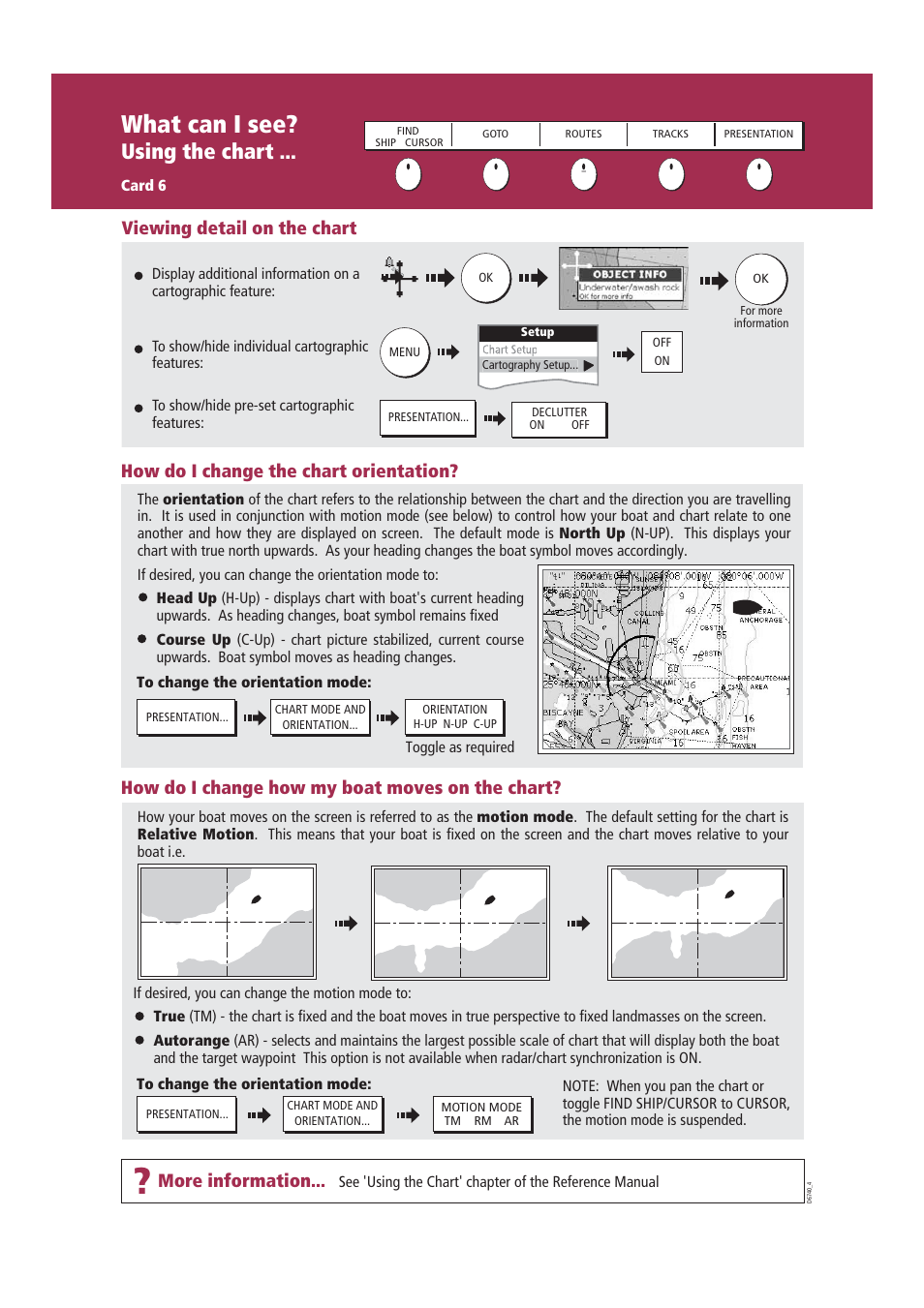 What can i see, Using the chart, How do i change how my boat moves on the chart | How do i change the chart orientation, Viewing detail on the chart, More information | Raymarine Marine RADAR User Manual | Page 7 / 26