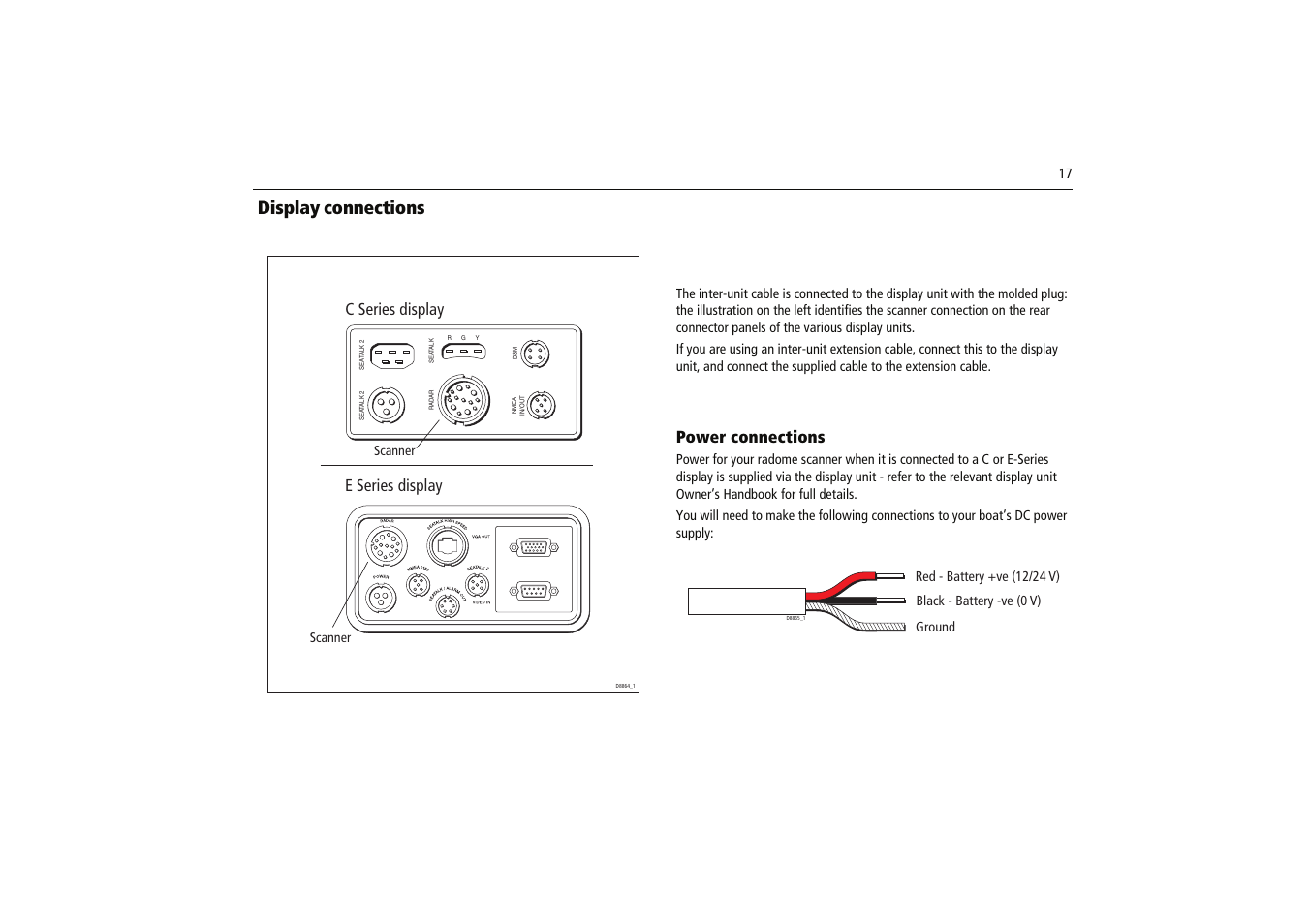 Display connections, Power connections, C series display | E series display | Raymarine Radome Scanners User Manual | Page 21 / 36