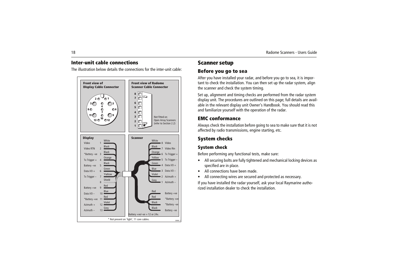 Scanner setup, Inter-unit cable connections, Before you go to sea | Emc conformance, System checks, System check | Raymarine Radome Scanners User Manual | Page 22 / 36