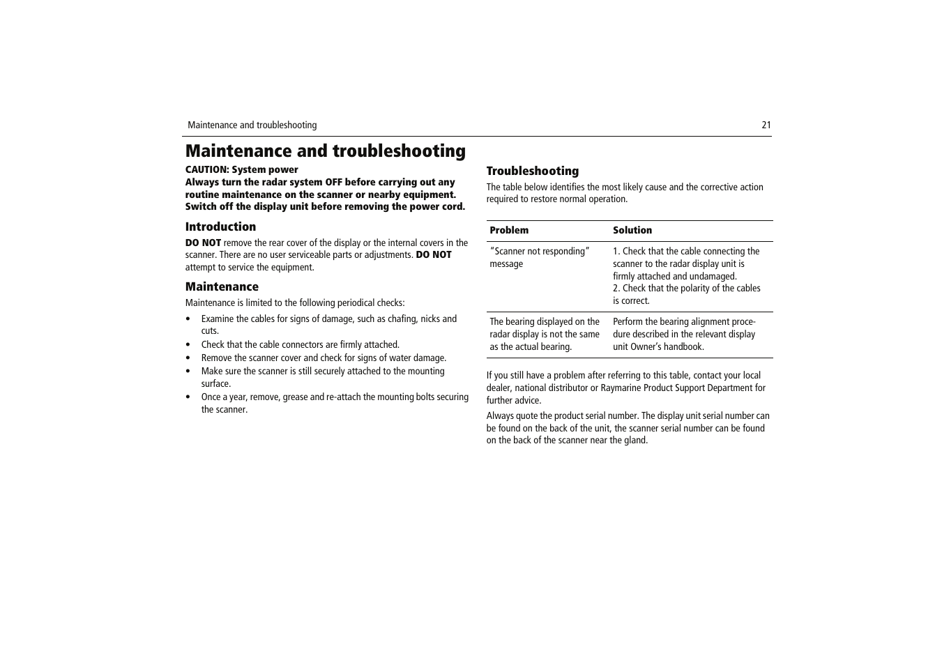 Maintenance and troubleshooting | Raymarine Radome Scanners User Manual | Page 25 / 36