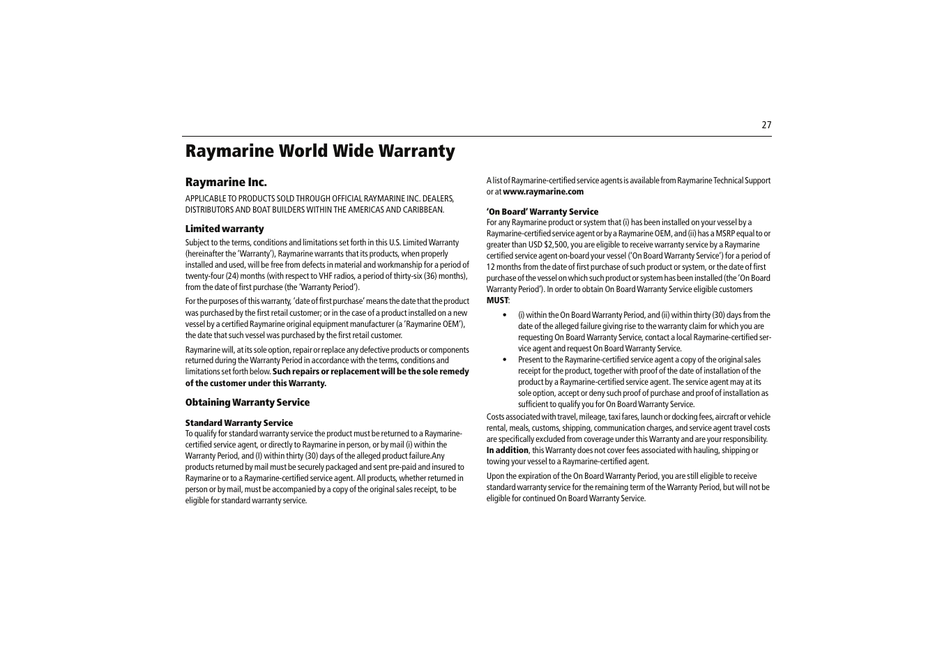 Raymarine world wide warranty | Raymarine Radome Scanners User Manual | Page 31 / 36