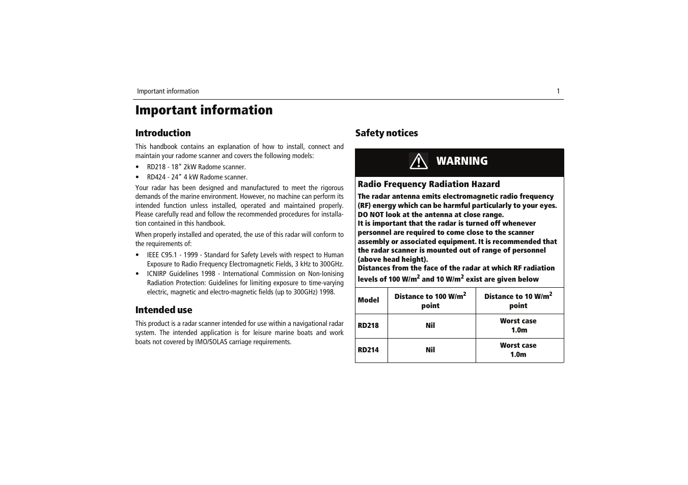 Important information, Warning | Raymarine Radome Scanners User Manual | Page 5 / 36