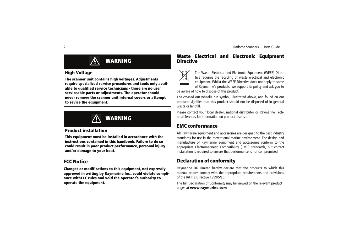 Warning | Raymarine Radome Scanners User Manual | Page 6 / 36