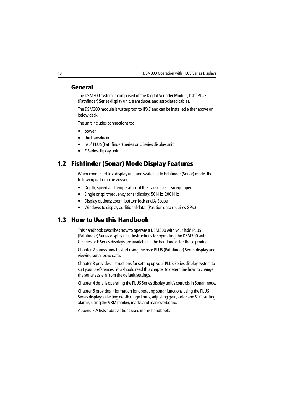 General, 2 fishfinder (sonar) mode display features, 3 how to use this handbook | Raymarine DSM300 User Manual | Page 10 / 82