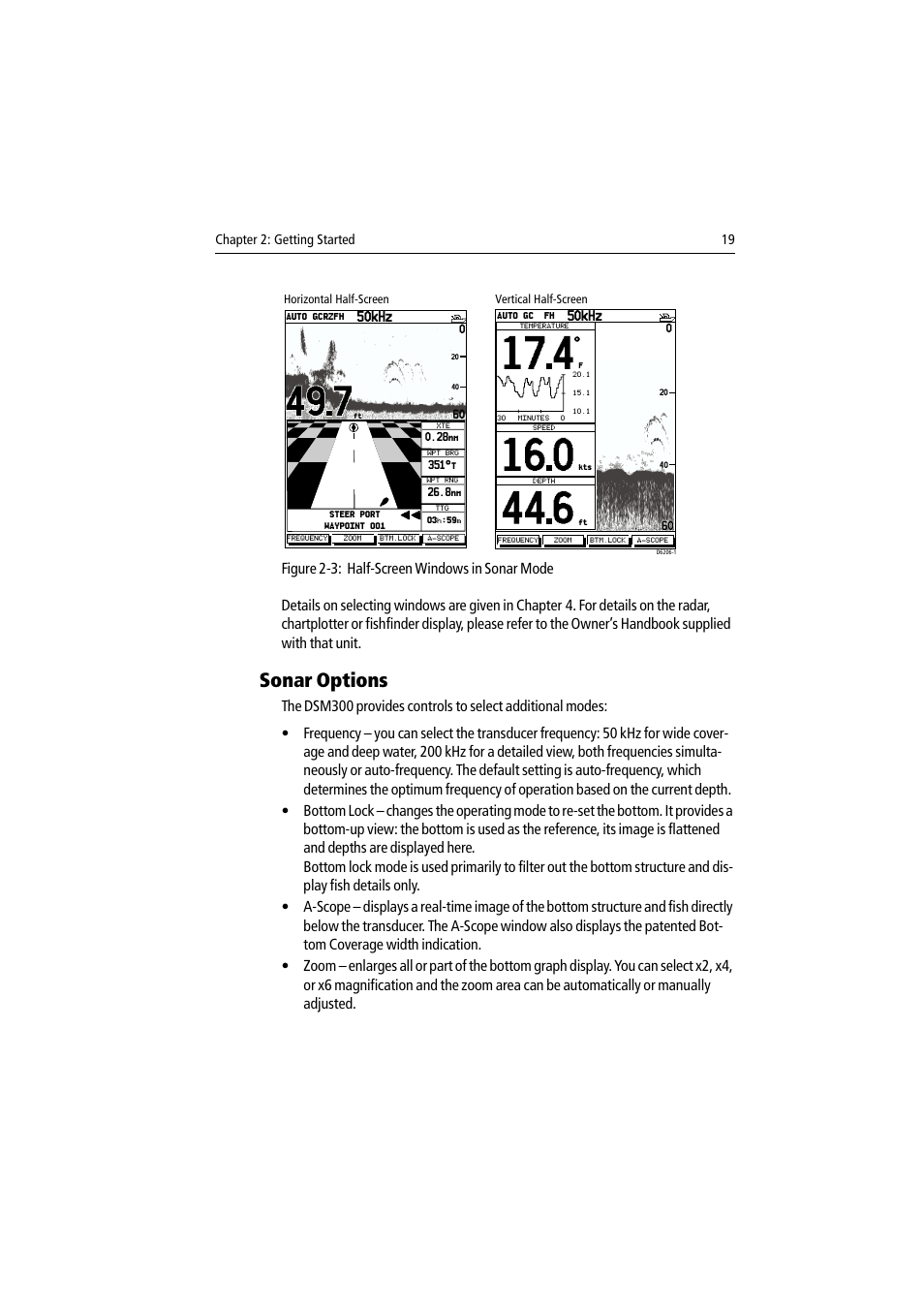 Sonar options, Chapter 2: getting started 19, 50khz | Raymarine DSM300 User Manual | Page 19 / 82