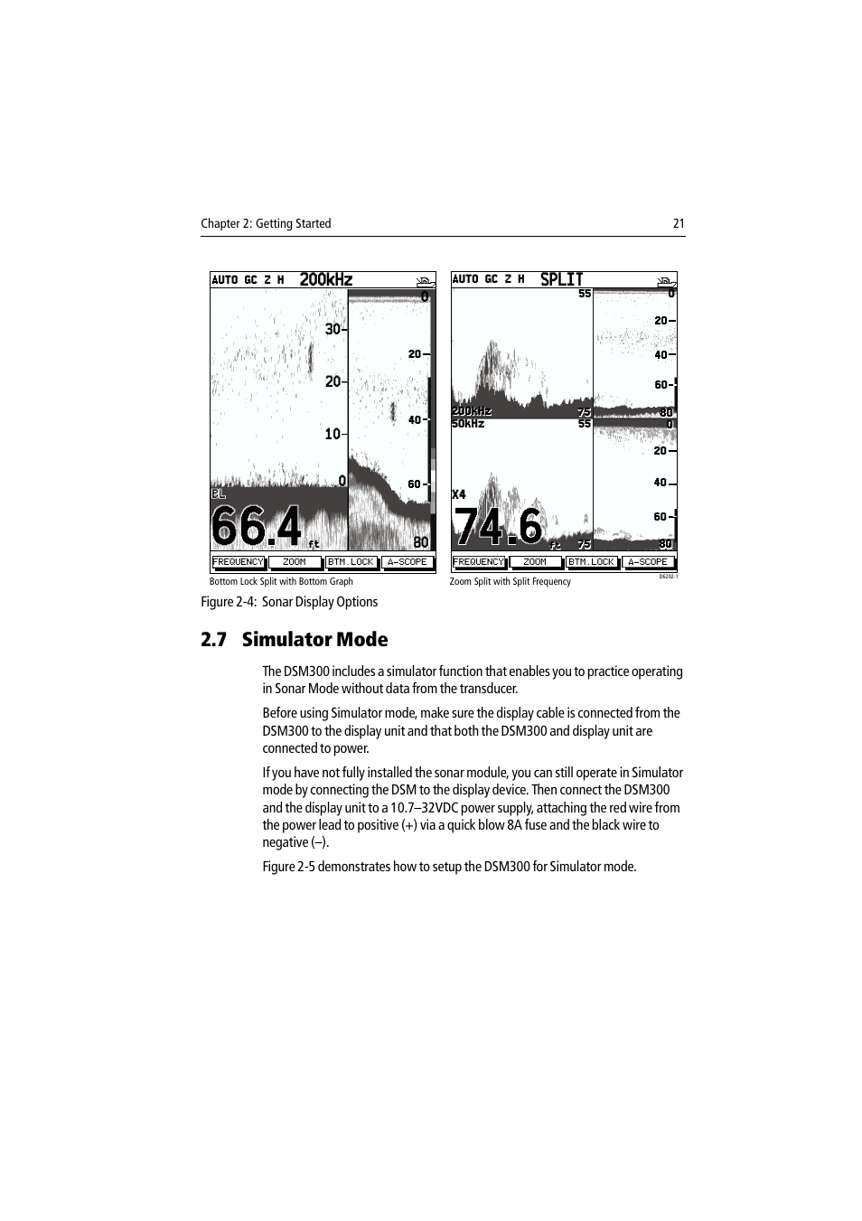7 simulator mode, 200khz, Split | Raymarine DSM300 User Manual | Page 21 / 82