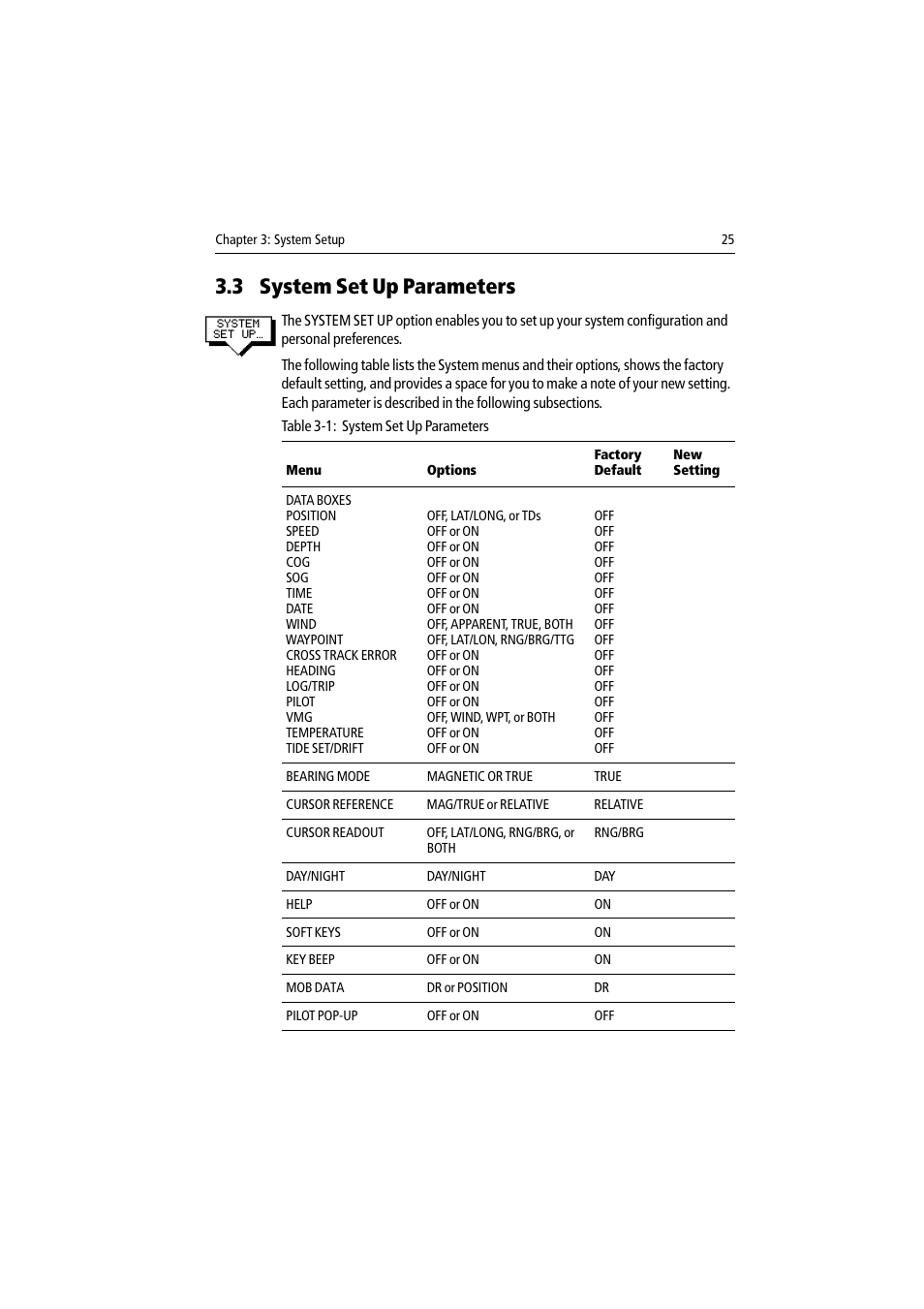 3 system set up parameters | Raymarine DSM300 User Manual | Page 25 / 82