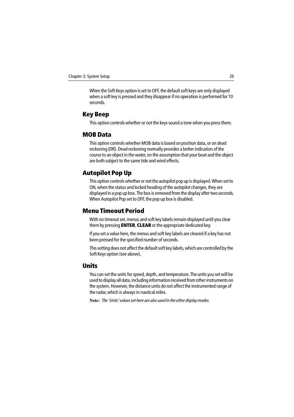 Key beep, Mob data, Autopilot pop up | Menu timeout period, Units | Raymarine DSM300 User Manual | Page 29 / 82