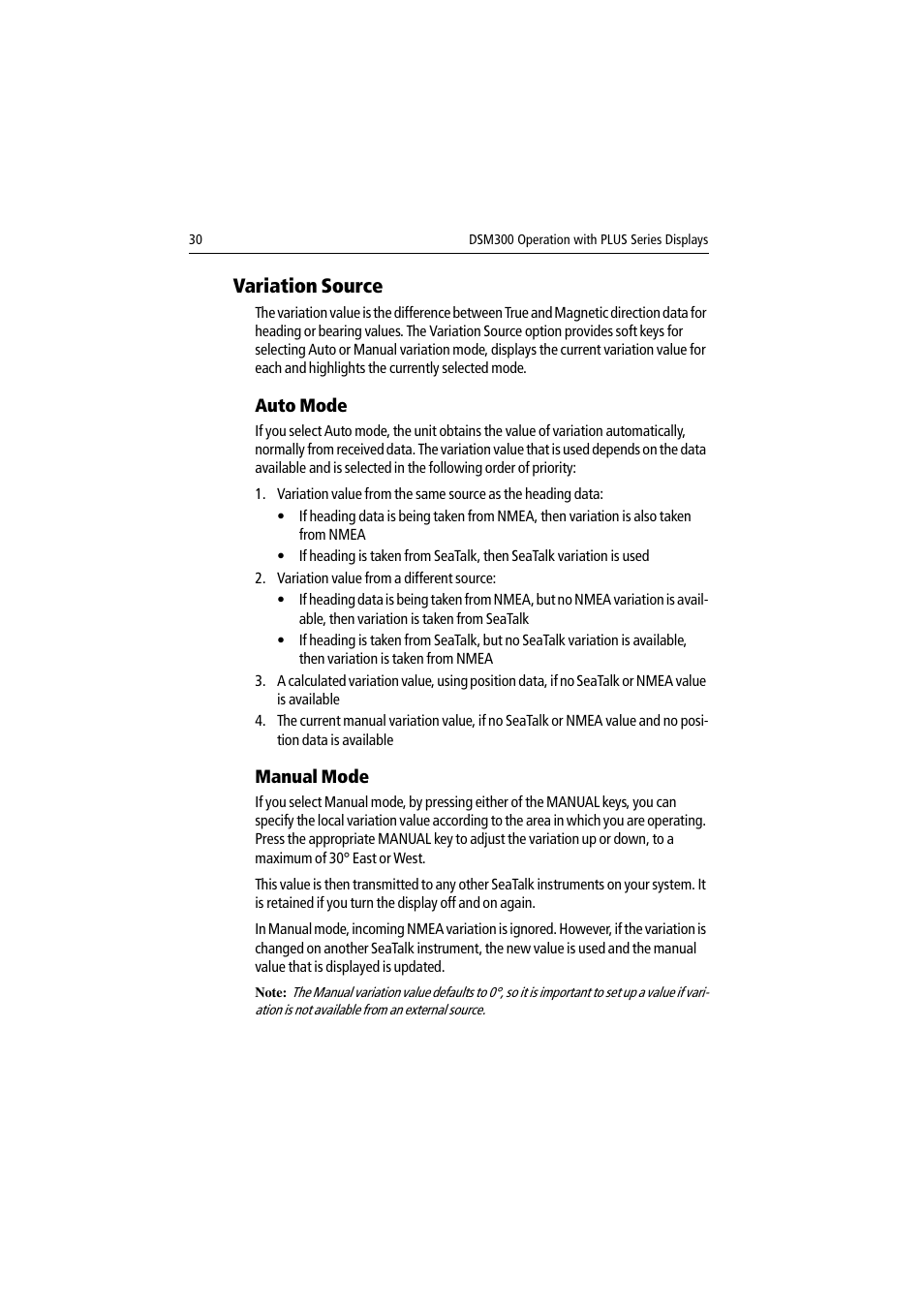 Variation source, Auto mode, Manual mode | Raymarine DSM300 User Manual | Page 30 / 82