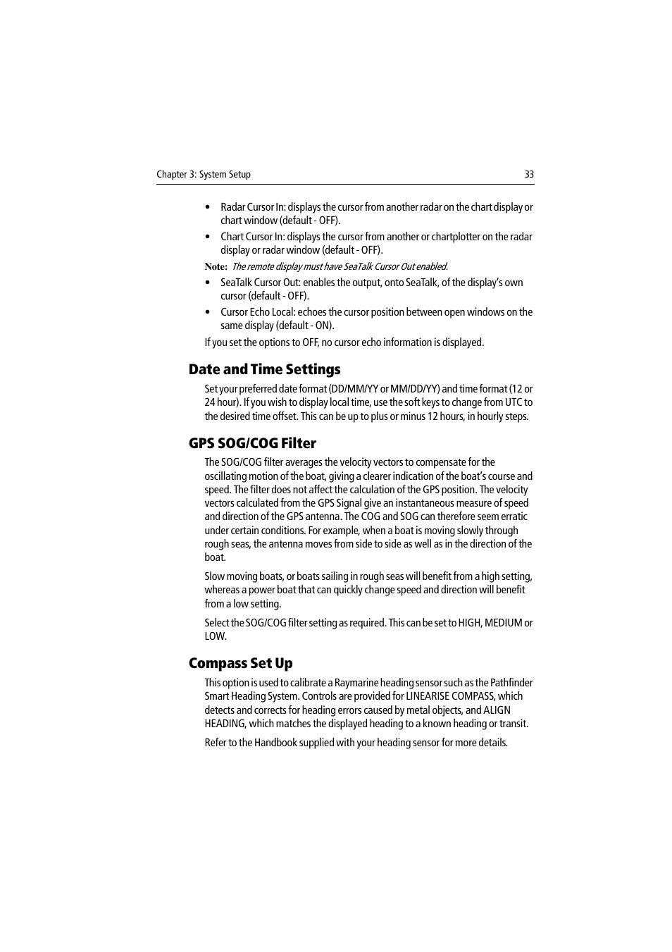 Date and time settings, Gps sog/cog filter, Compass set up | Raymarine DSM300 User Manual | Page 33 / 82